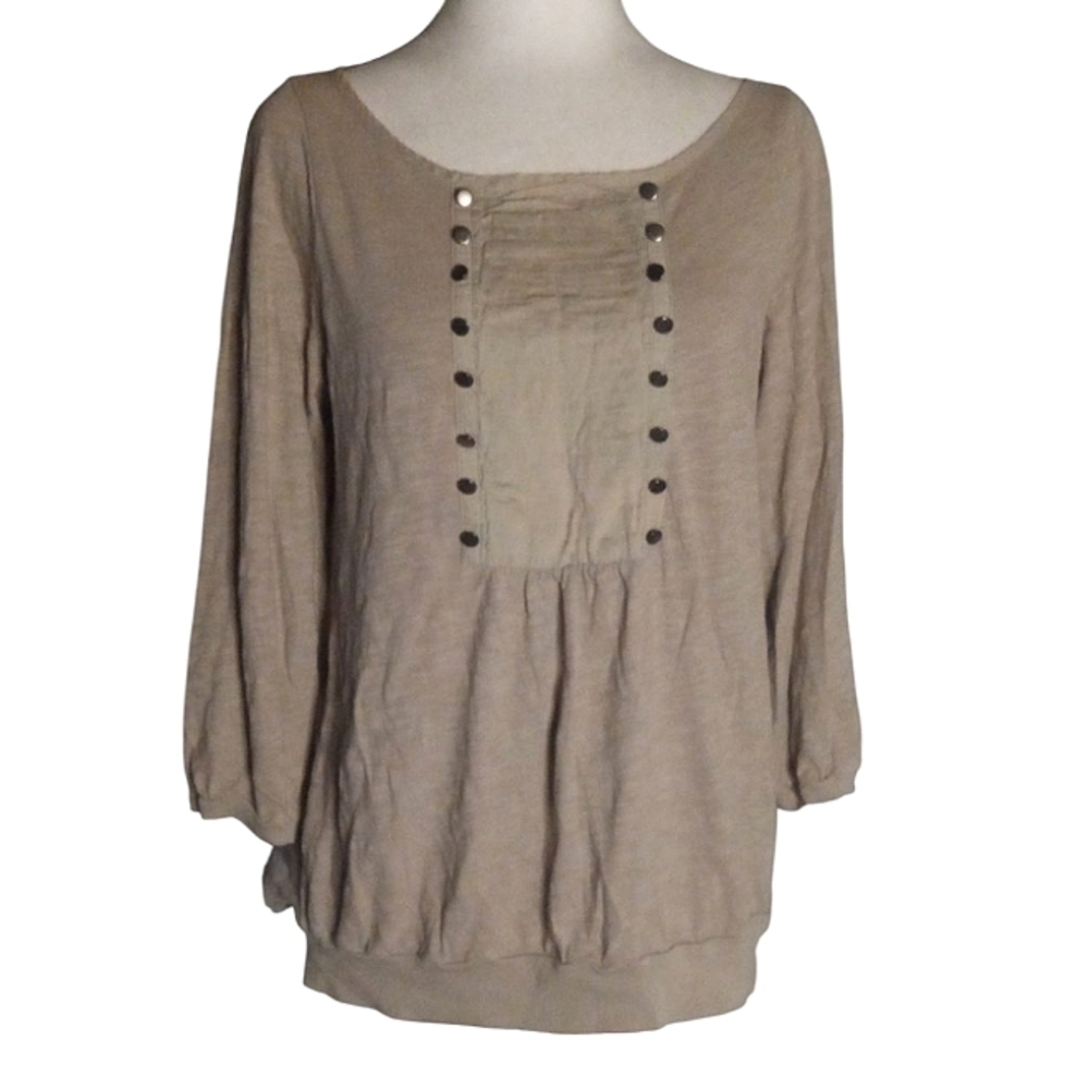 Generra Oatmeal Slub Knit Cotton Pleated Military Style Front Top Size Medium